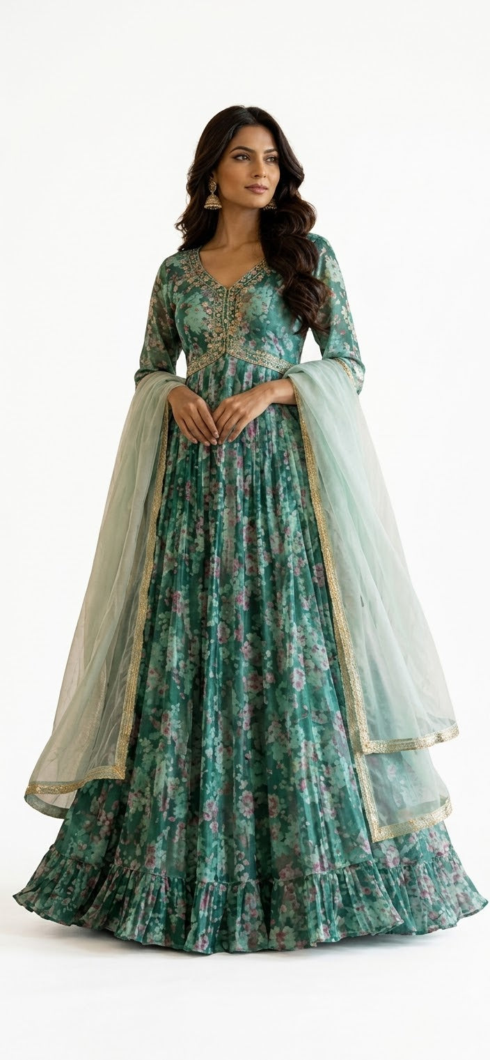 Elegant Teal Green Gown – Royal Indian Style- XL