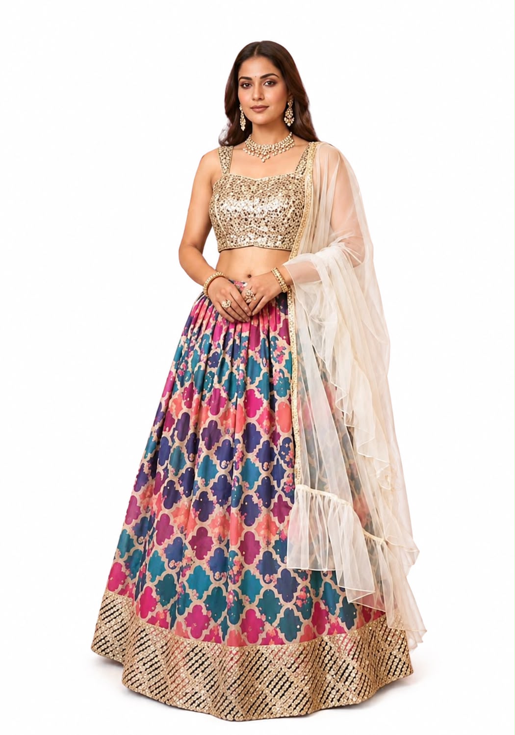 Multi-Colored Printed Lehenga Choli with Sequin Blouse and Ruffled Dupatta (Festive / Party Wear Ethnic Set)