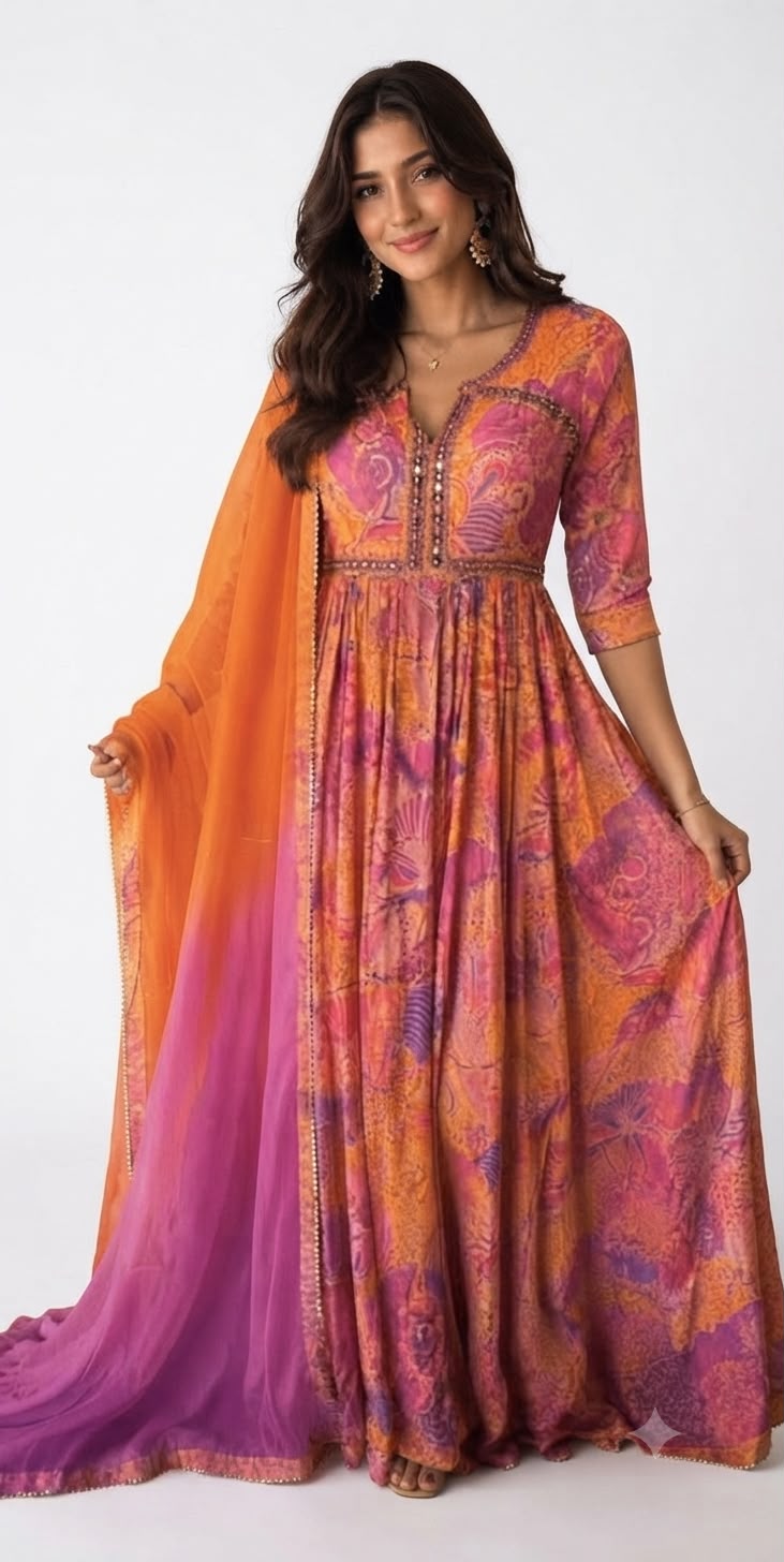 Vibrant Orange & Pink Printed Flared Anarkali Suit with Ombré Dupatta (Festive / Ethnic Wear)