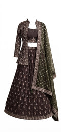 Dark Brown Printed & Embroidered Lehenga with Long Jacket and Contrast Olive Green Dupatta (Indo-Western Festive / Reception Wear)