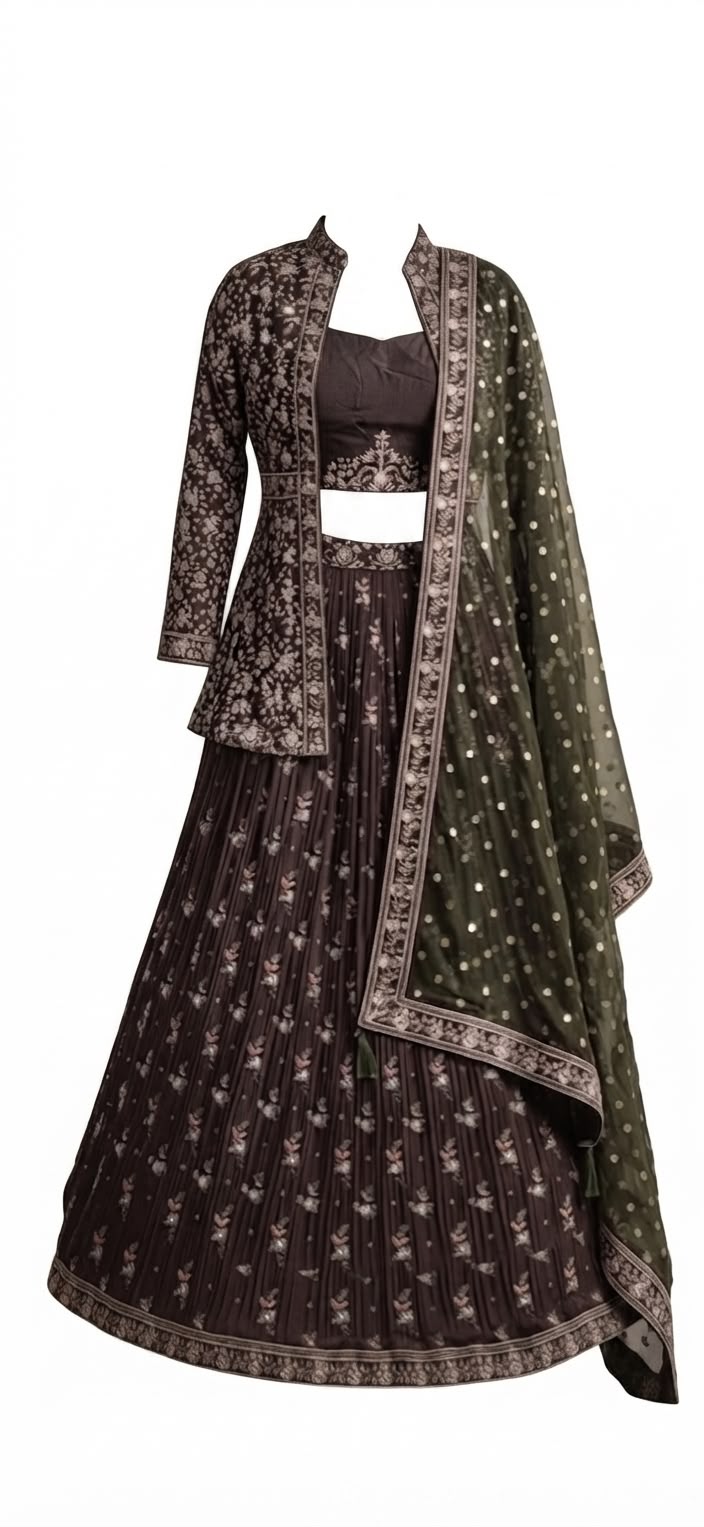 Dark Brown Printed & Embroidered Lehenga with Long Jacket and Contrast Olive Green Dupatta (Indo-Western Festive / Reception Wear)