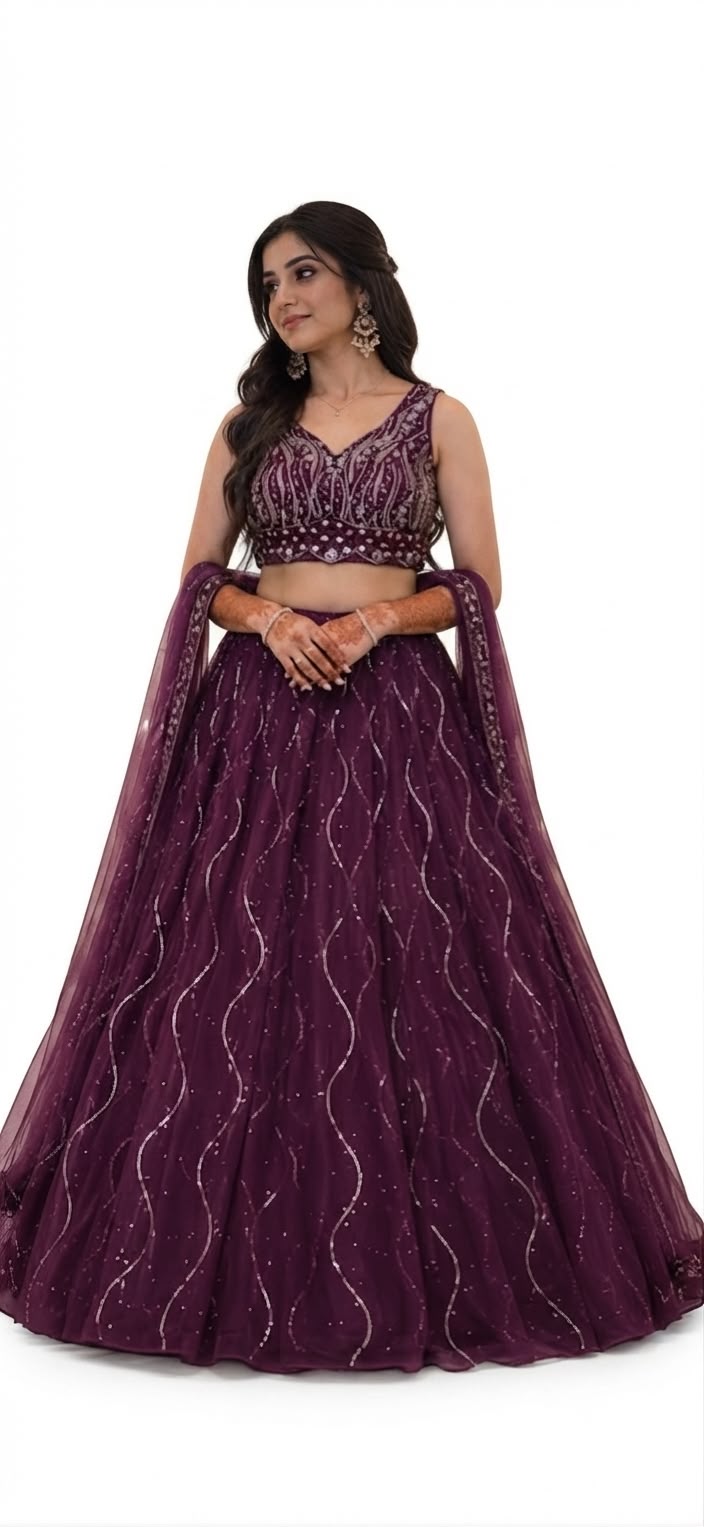 Deep Plum/Wine Sequin-Embellished Lehenga Choli Set (Bridal / Reception / Festive Wear)