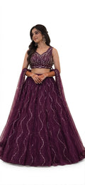 Deep Plum/Wine Sequin-Embellished Lehenga Choli Set (Bridal / Reception / Festive Wear)