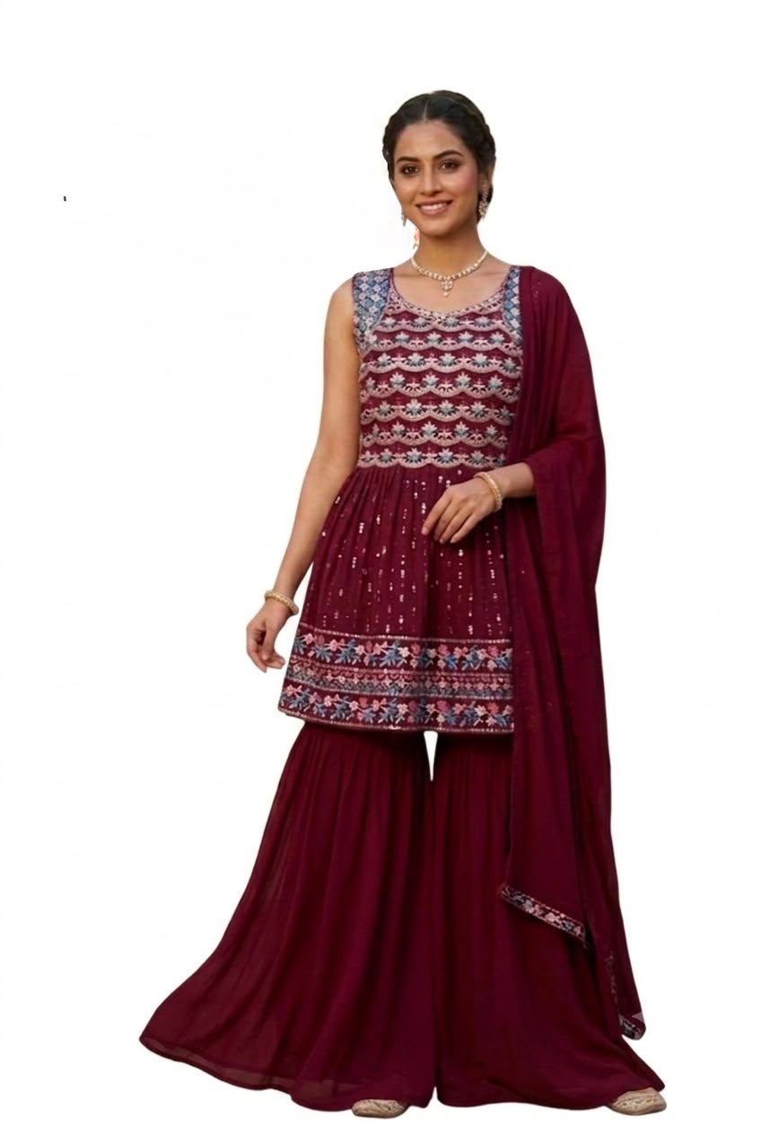 Wine/Maroon Peplum Kurta with Flared Sharara Pants and Matching Dupatta Set (Festive / Party Wear Ethnic Set)