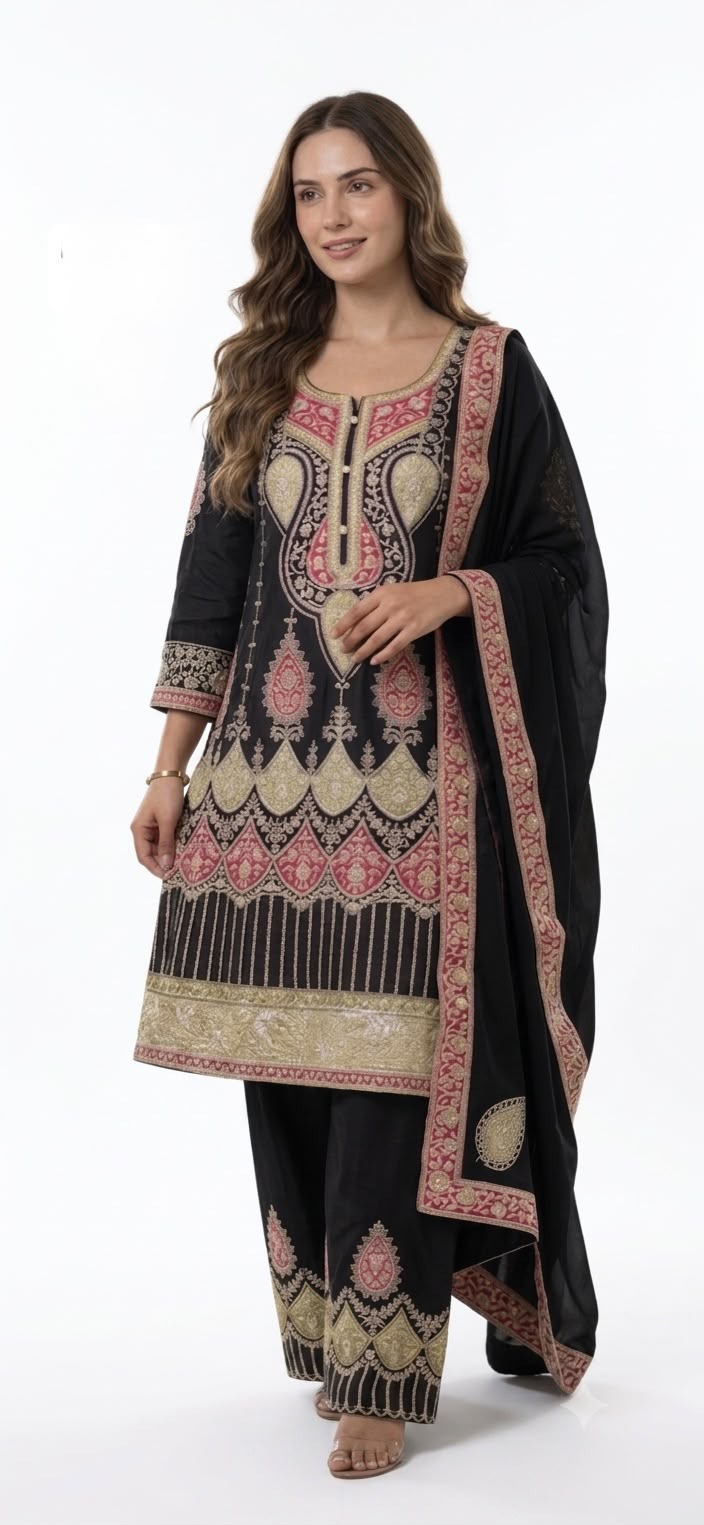 Black Chanderi-Silk Straight Kurta with Matching Pants and Embroidered Dupatta (Festive / Semi-Formal Ethnic Wear)