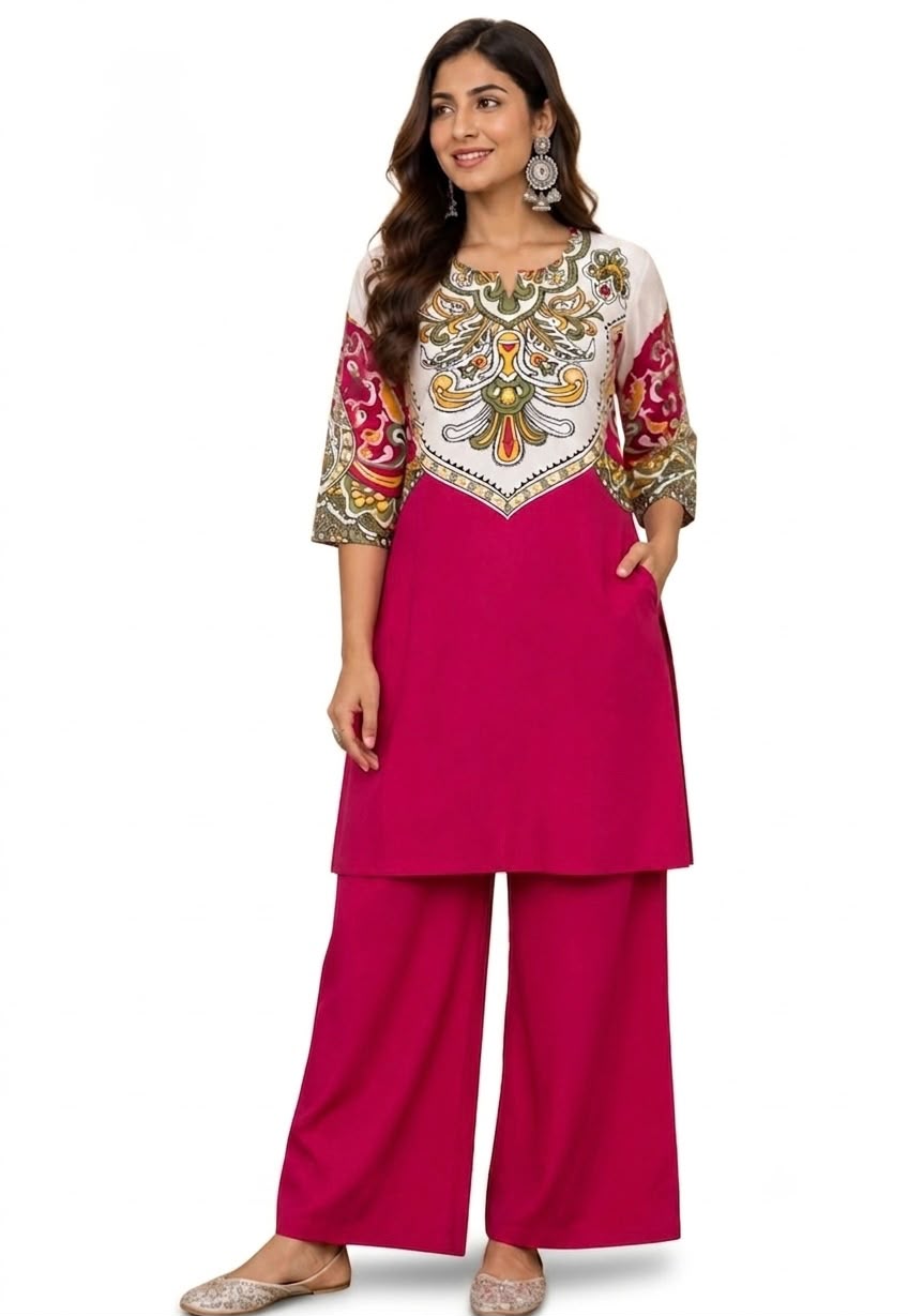 Magenta Pink Printed Yoke Kurta with Matching Wide-Leg Palazzo Set (Casual / Semi-Formal Ethnic Wear)