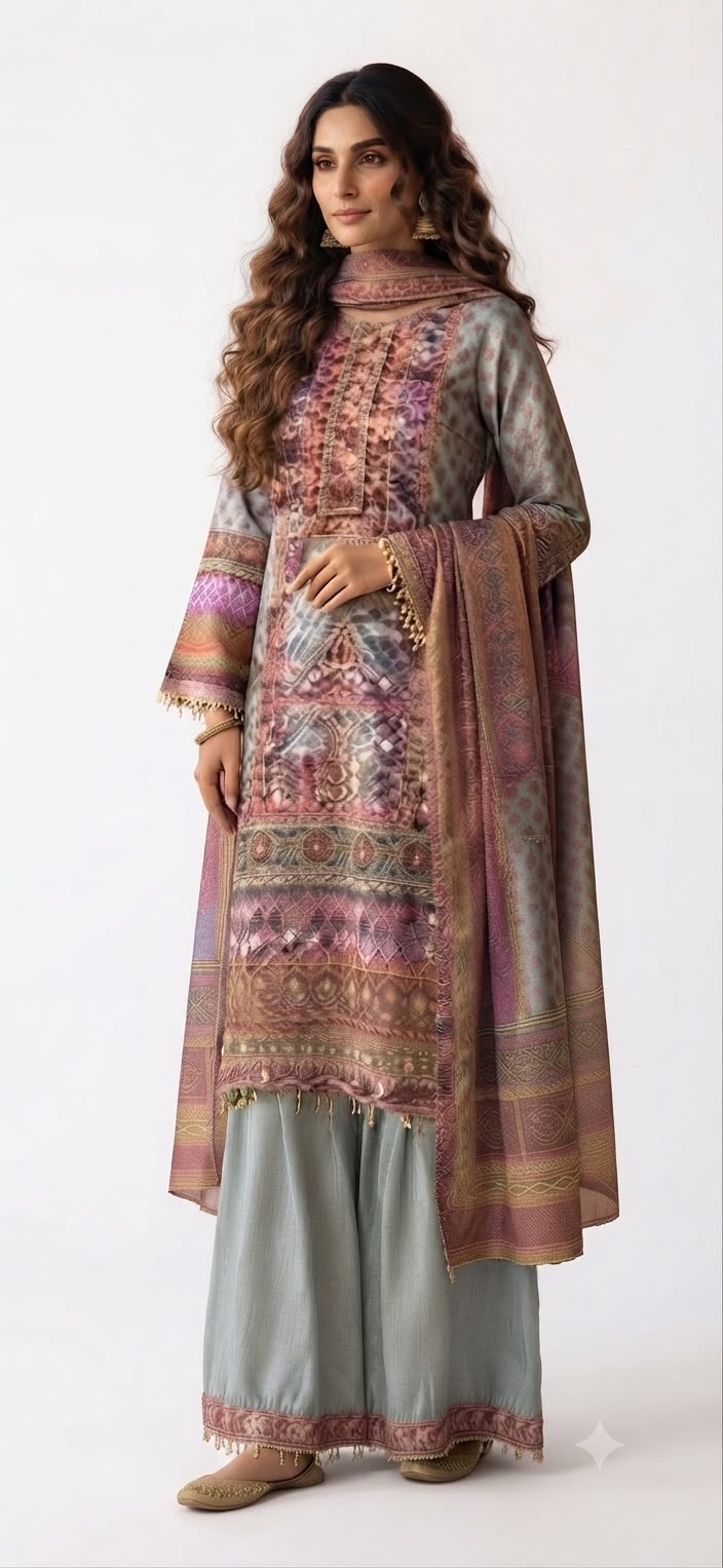 Printed suit with Matching Sharara/Palazzo and Dupatta Set (Festive / Casual Ethnic Wear)