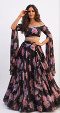 Black & Pink Floral Printed Off-Shoulder Lehenga Choli with Draped Sleeves - partywear collection