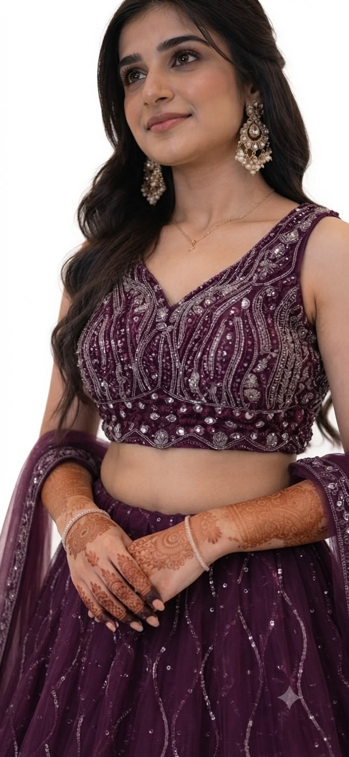Deep Plum/Wine Sequin-Embellished Lehenga Choli Set (Bridal / Reception / Festive Wear)