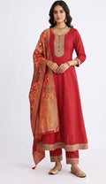 Crimson Red Zari Embroidered Kurta with Matching Pants and Banarasi-Style Woven Dupatta Set (Festive / Traditional Wear)