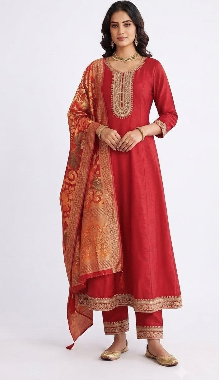 Crimson Red Zari Embroidered Kurta with Matching Pants and Banarasi-Style Woven Dupatta Set (Festive / Traditional Wear)
