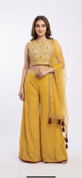 Mustard Yellow Embroidered Crop Top with Palazzos and Matching Dupatta Set (Festive/Ethnic Fusion)
