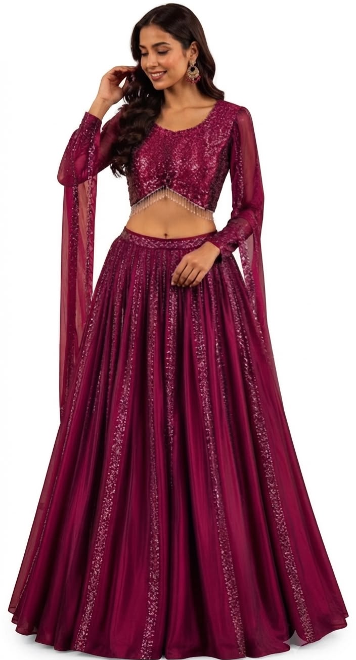 Lehenga Choli Magenta Sequinned Sequin Crop Top with Flared and Attached Draped Sleeves/Dupatta