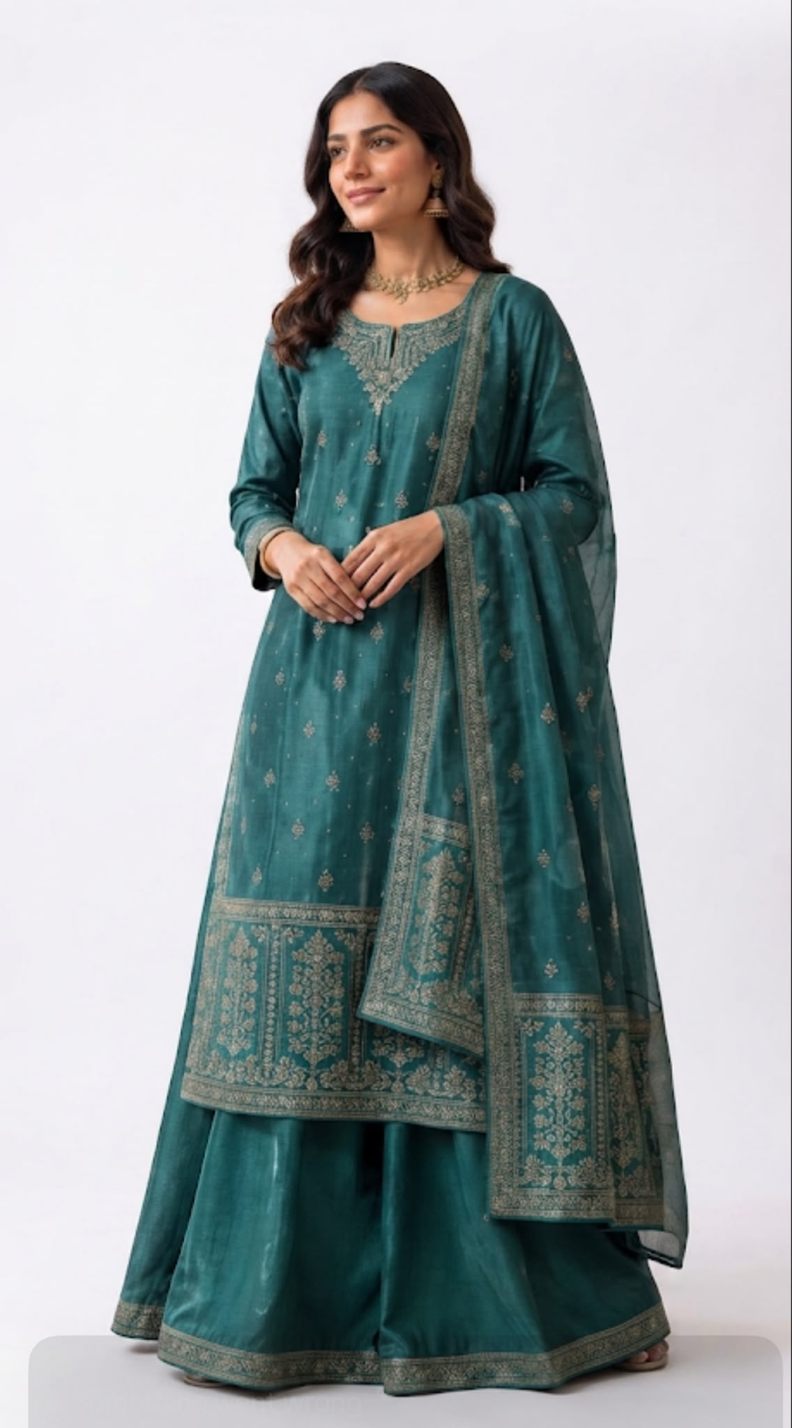 Teal Green Zari Embroidered suit with Plazo & Dupatta Set - 3 piece suit