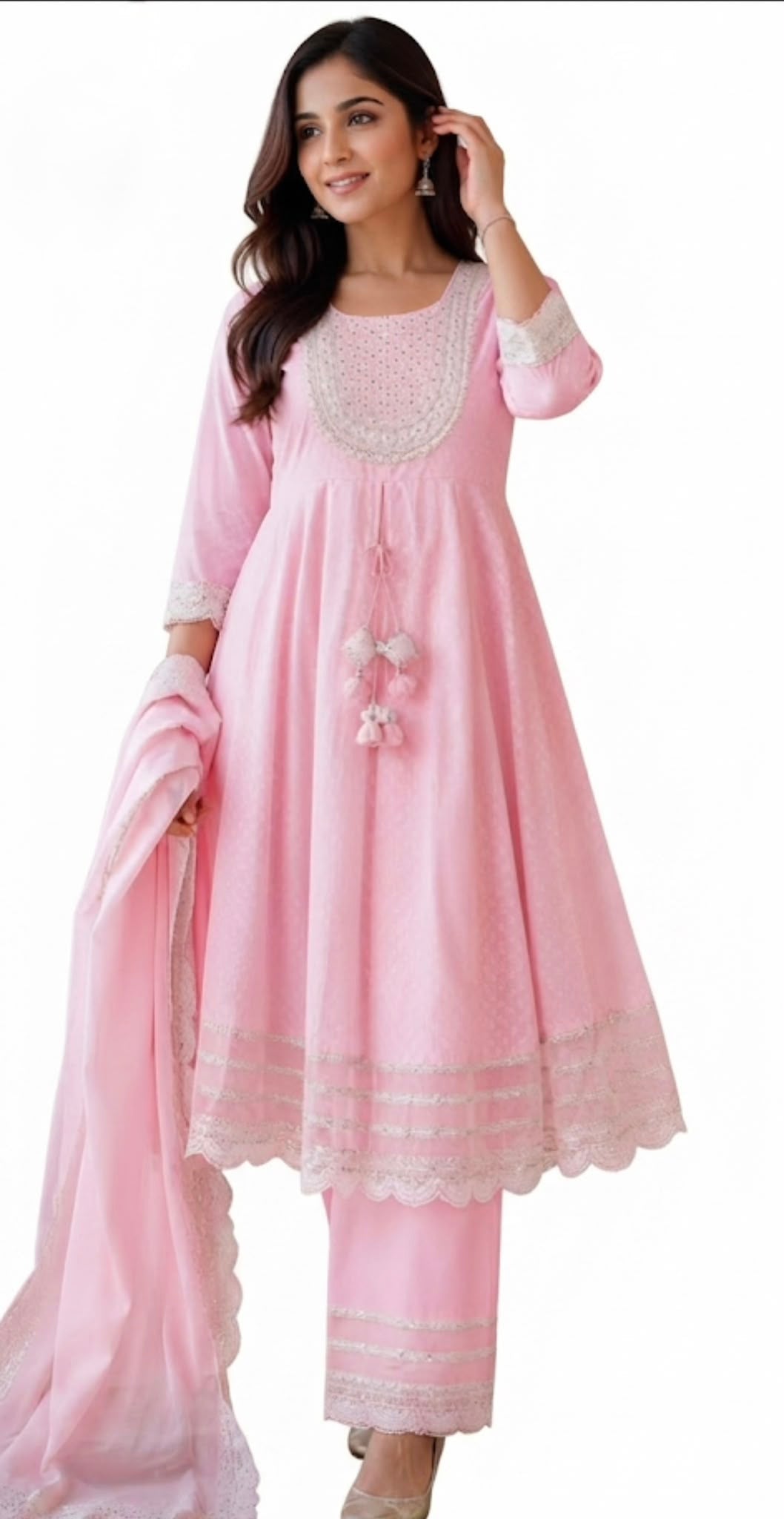 Royal Pink – Flowy Anarkali with Delicate White Lace