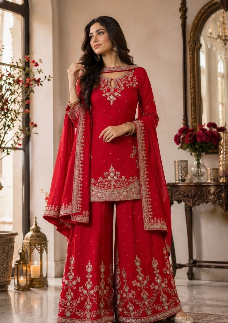 Royal red Plazo suit for parties and pre weddings and weddings