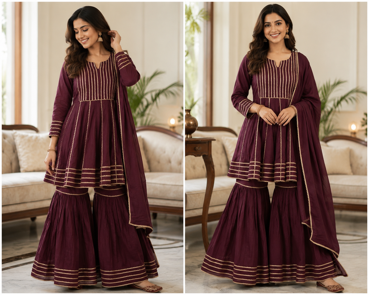 Wine colour sharara with golden less beautiful attractive piece
