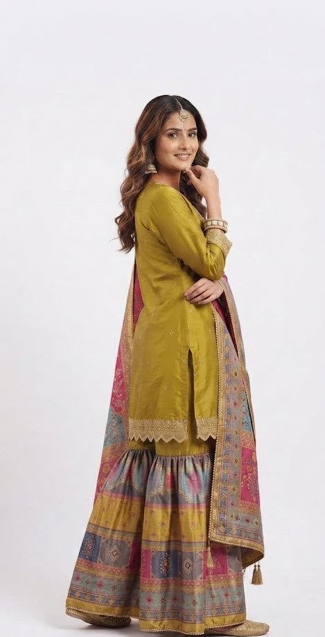 Olive-Green Embroidered Kurta with Multi-Coloured Printed Sharara & Dupatta Set (Traditional Festive / Ethnic Wear)